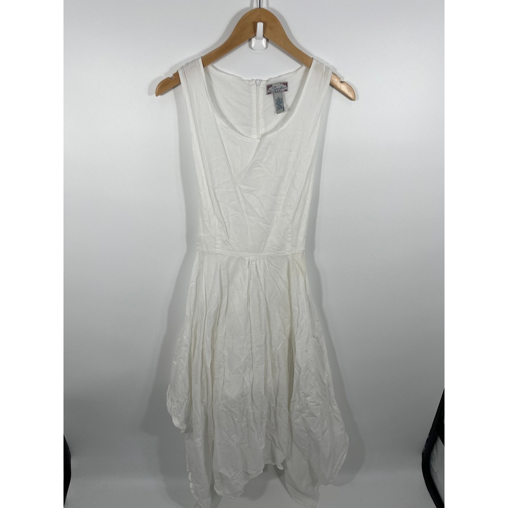 Vintage 100% Cotton Women Maxi Dress L White Asymmetrical Hem Coastal Beach Chic